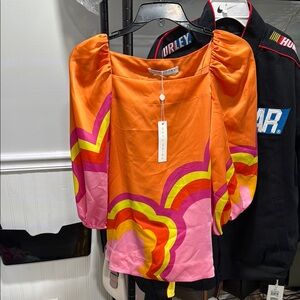 Trina Turk Graphic Relaxed Puff Sleeve Blouse in Orange and Pink